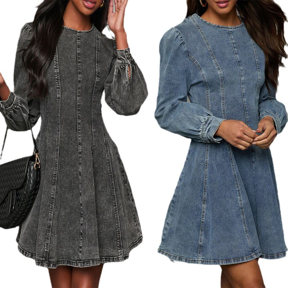 Elegant Denim Long Sleeve Dress with Waist Tie