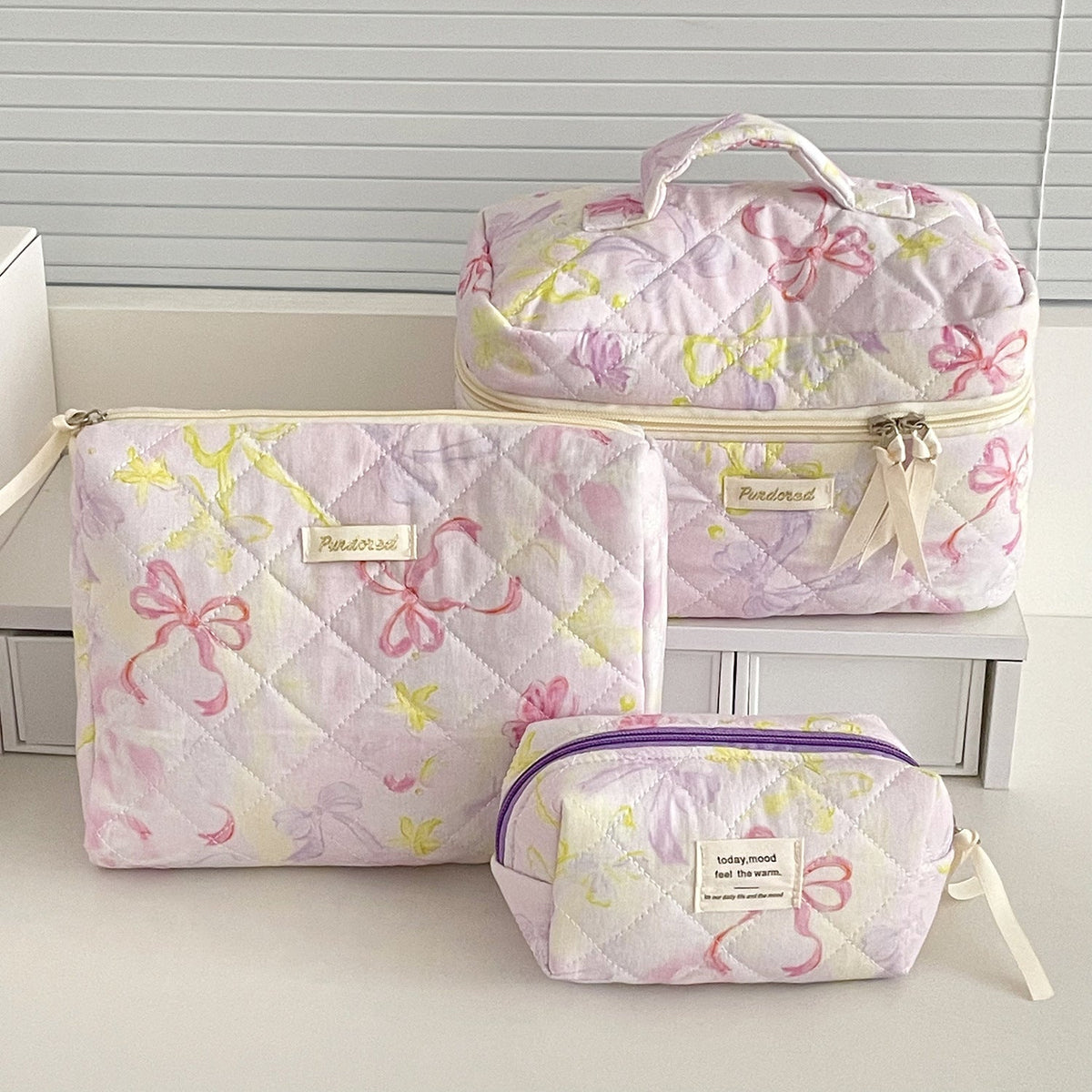Bow Flower Large Capacity Makeup Bag Vintage Quilted Toiletry Pouch