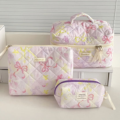 Bow Flower Large Capacity Makeup Bag Vintage Quilted Toiletry Pouch
