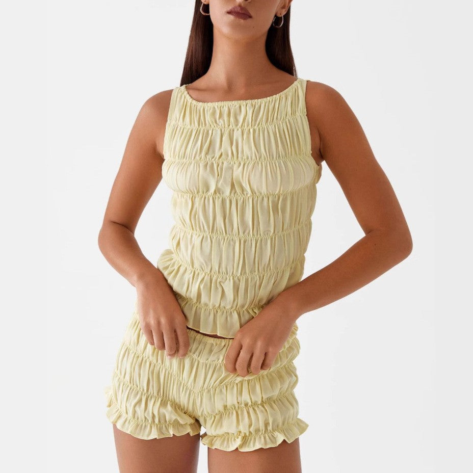 Casual Sleeveless Ruched Crop Top Shorts Set