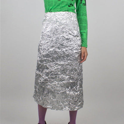 High-Waisted Ruched Midi Skirt with Slit