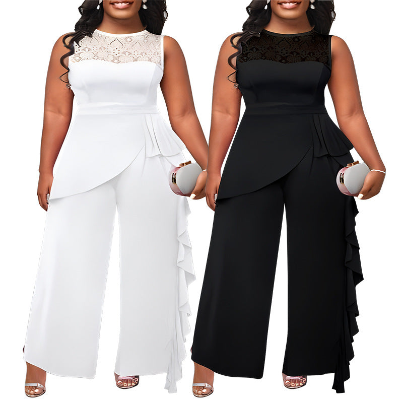 Plus Size Women'S Solid Color Lace Trim Wide Leg Jumpsuit