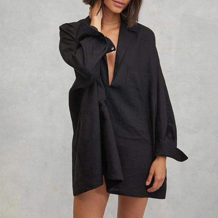 Sexy Long Sleeve Pocket Shirt Dress Trendy Casual A-Line Dress