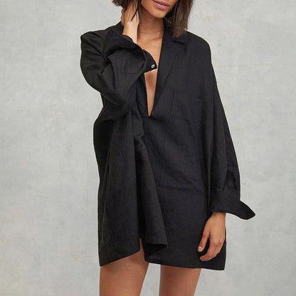 Sexy Long Sleeve Pocket Shirt Dress Trendy Casual A-Line Dress