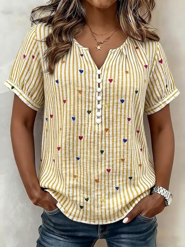 Colorful Heart Striped Henley Blouse