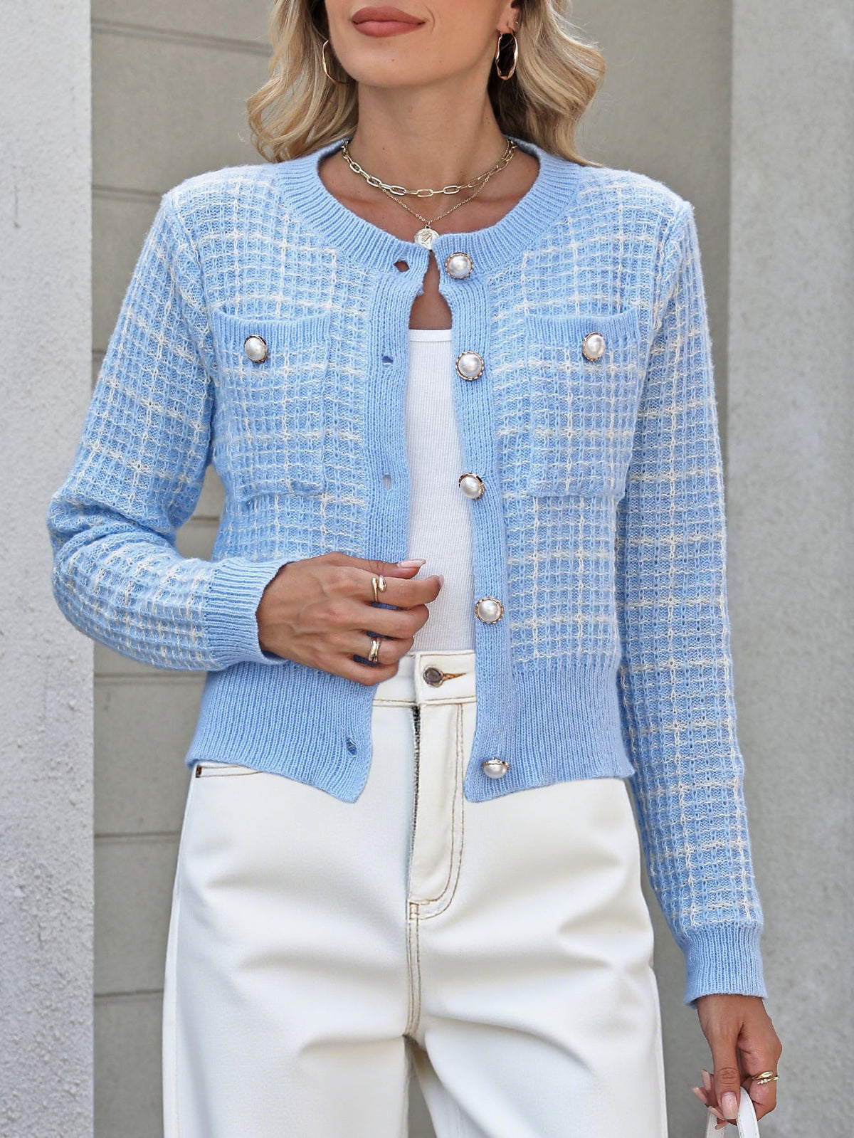 Checkered Knit Cardigan With Pearl Buttons For Women
