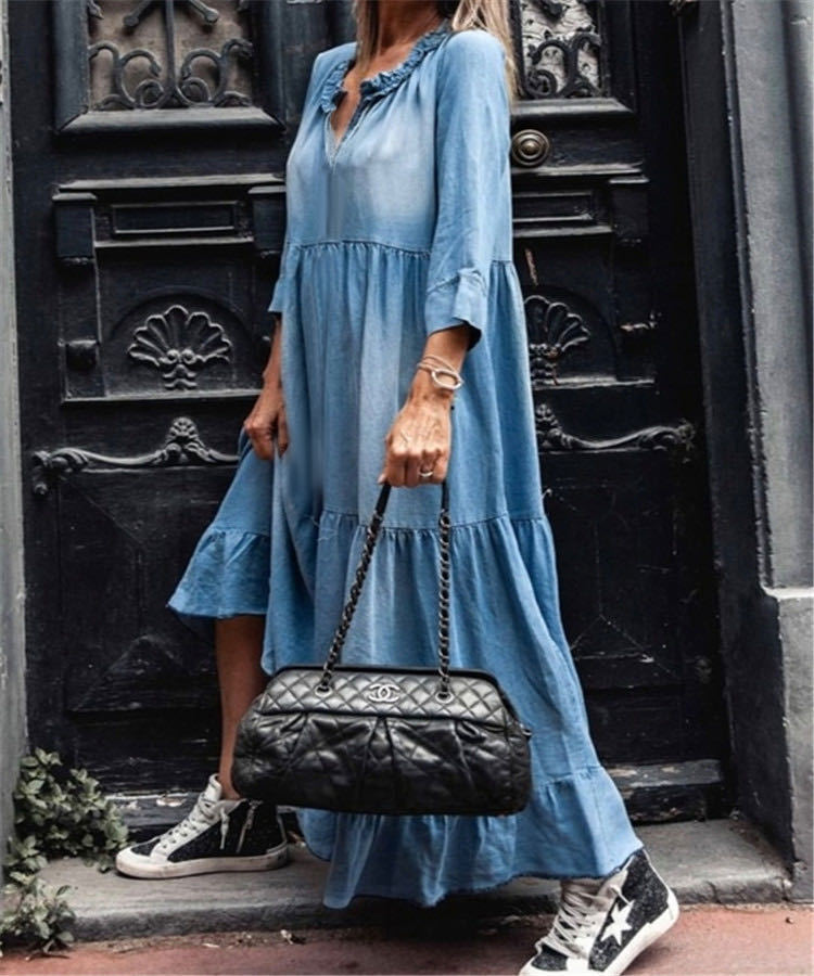 New Washed Denim Large Swing Long Skirt With Medium And Long Sleeves