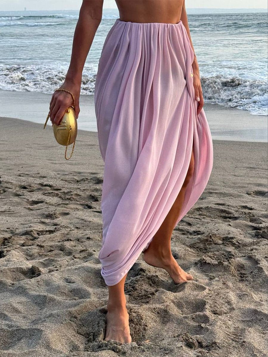Stylish Tulip Maxi Skirt Elegant Casual Polyester High Slit Skirt