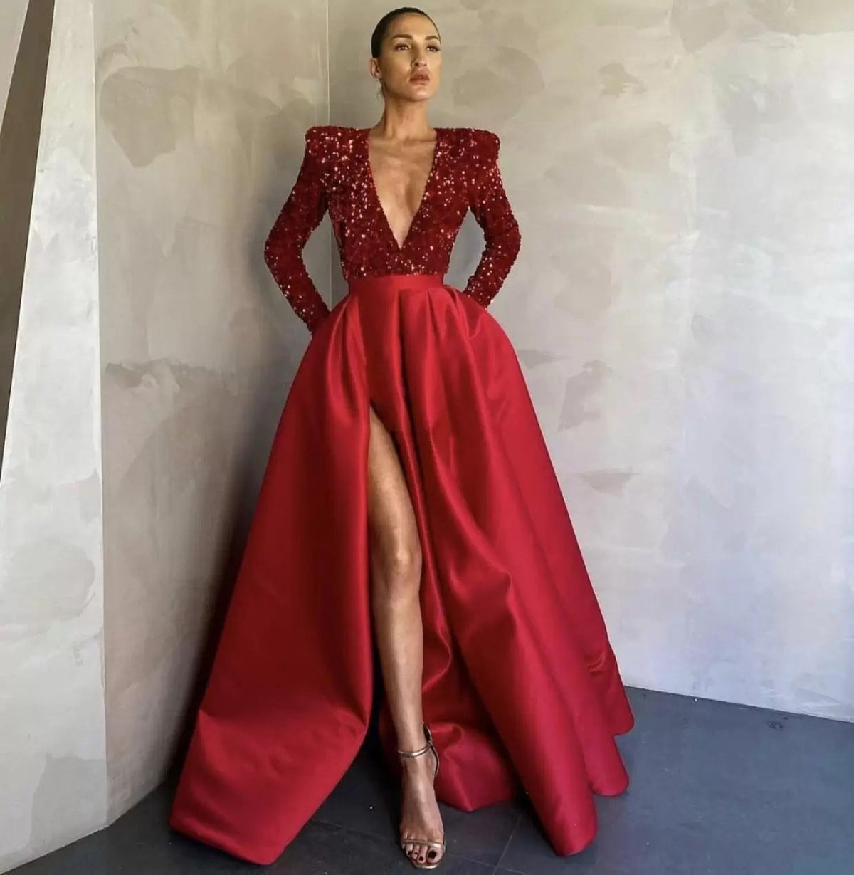 Sequined Deep V-Neck A-Line Evening Gown With Long Sleeves