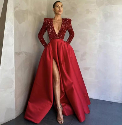 Sequined Deep V-Neck A-Line Evening Gown With Long Sleeves