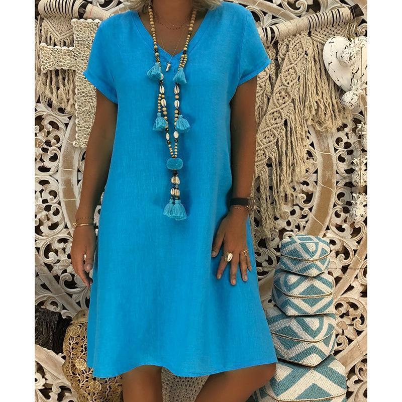 Short Sleeve Medium Skirt V-Neck Dress