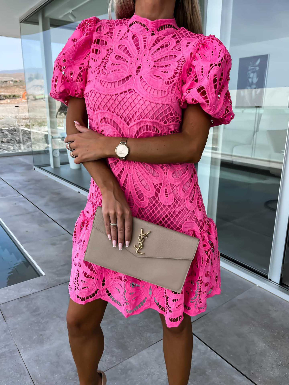 Elegant Hollow Lace Dress with Ruffles for Commuting