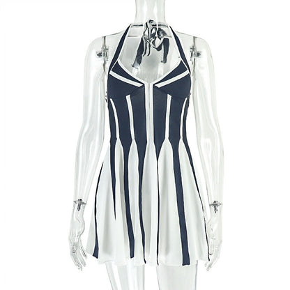 Trendy Black And White Contrast A-Line Dress With Ruffle Details