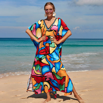Printed Beach Skirt Loose Robe Seaside Holiday Bikini Swimsuit Smock Sunscreen Blouse Women