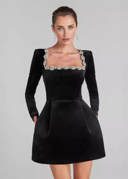 Velvet Mini Dress With Floral Embellishments