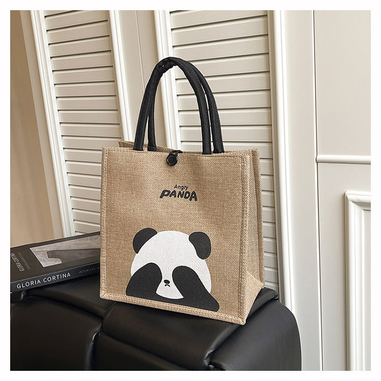 Portable Panda Canvas Tote Bag Cute Retro Shopping Bag