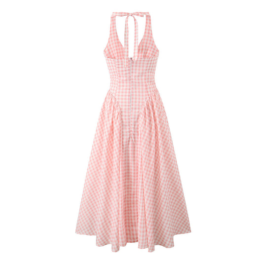 Sexy V-Neck Halter Plaid Maxi Dress