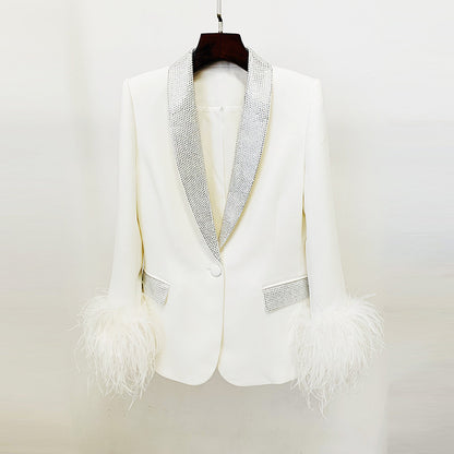 Luxury Ostrich Feather Trimmed Blazer With Rhinestones