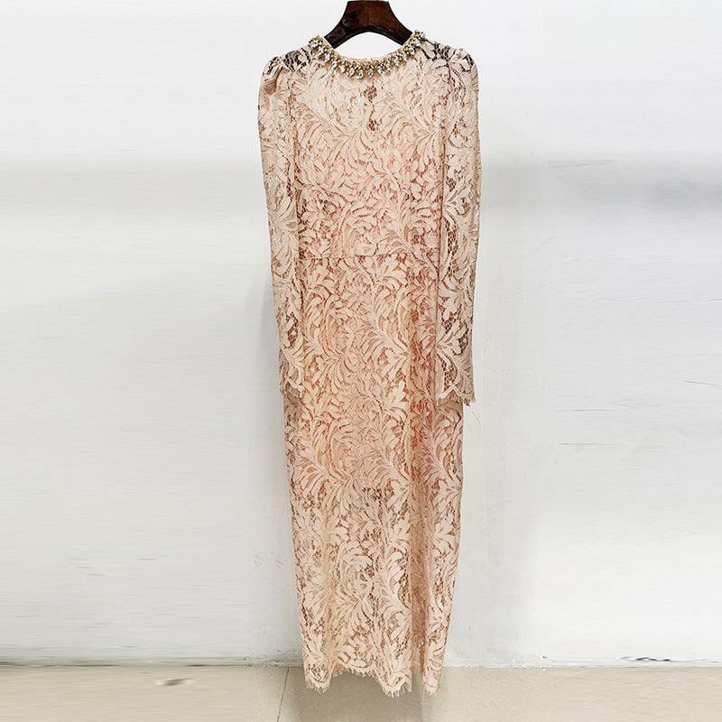 Beaded Long Sleeve Lace Dress Elegant Casual Style