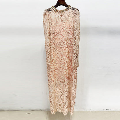 Beaded Long Sleeve Lace Dress Elegant Casual Style