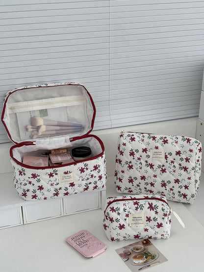 Burgundy Floral Corduroy Makeup Bag Large Capacity Travel Organizer