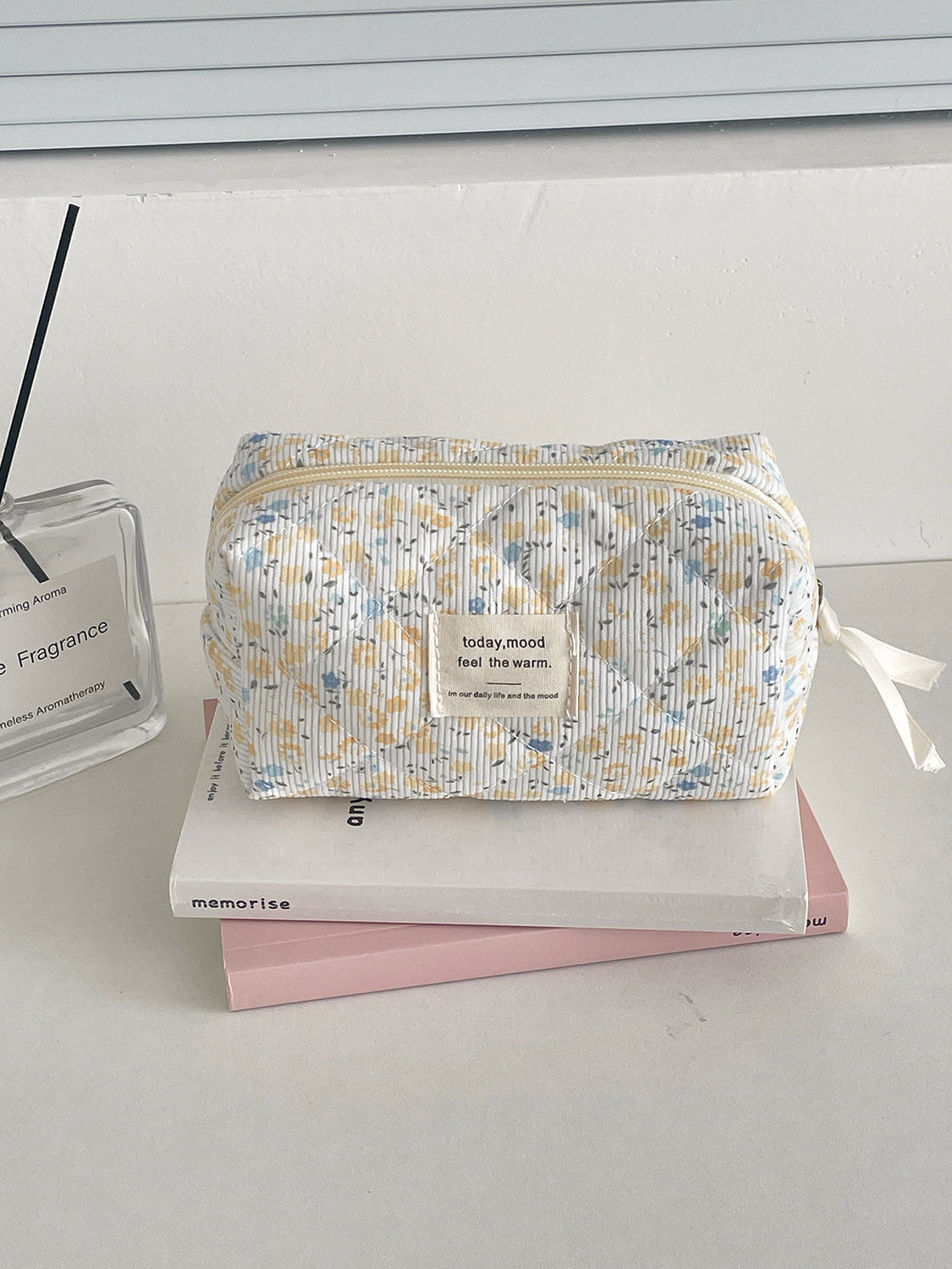 Cute Corduroy Flower Print Travel Makeup Bag