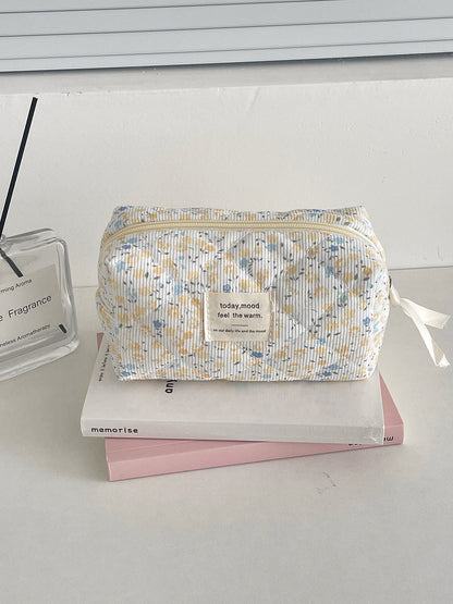 Cute Corduroy Flower Print Travel Makeup Bag