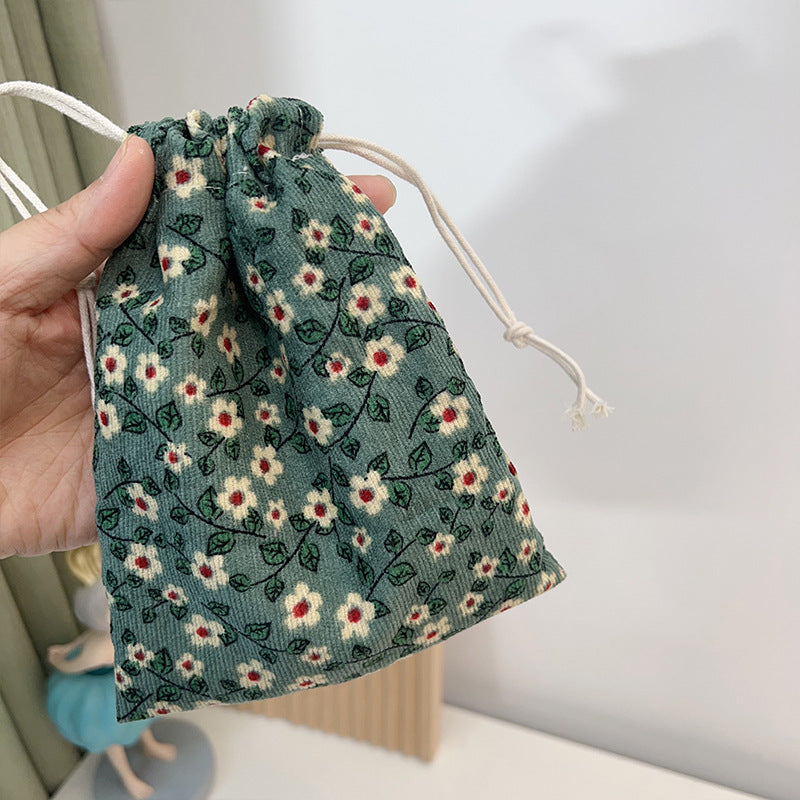 Mini Drawstring Corduroy Canvas Bag Portable Floral Storage Pouch
