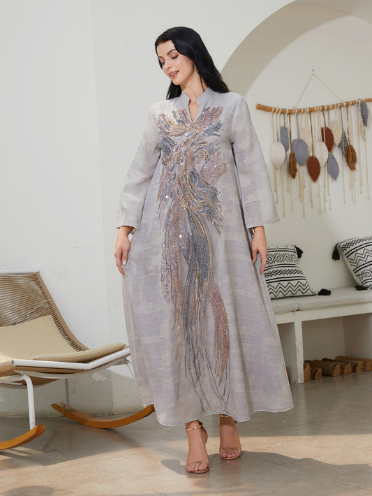 Elegant Mesh Sequin Abaya Maxi Dress for Women