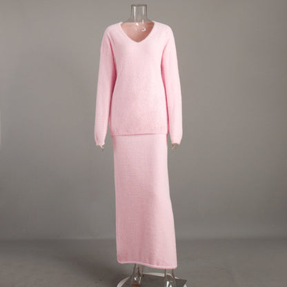 Minimalist V-Neck Knit Sweater Dress Set for Women