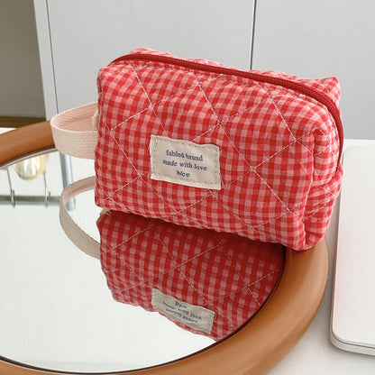 Berry Check Quilted Makeup Bag Large Capacity Cotton Cosmetic Organizer