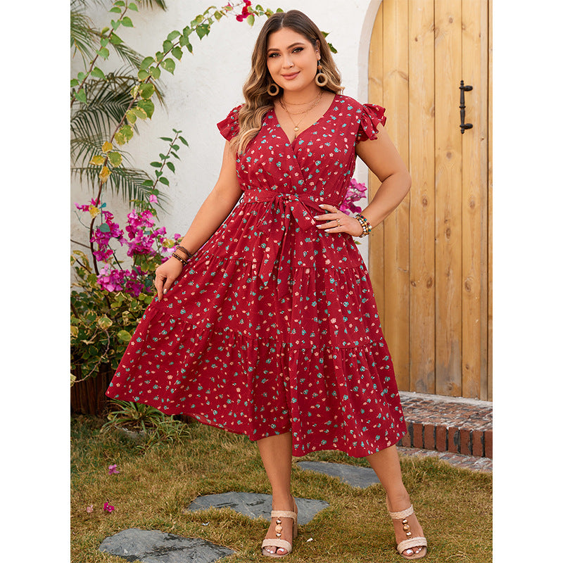 Elegant Red Floral Maxi Dress With V-Neck