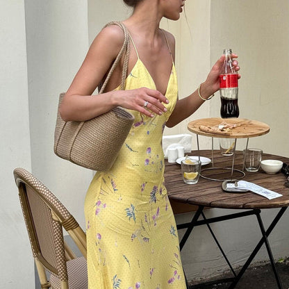 Deep V Floral Maxi Dress Women Sleeveless Shoulder Style