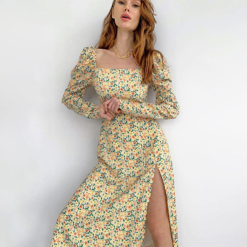 Bohemian Idyllic Little Floral Long Sleeve Split Dress Youth Sweet Little Daisy Print