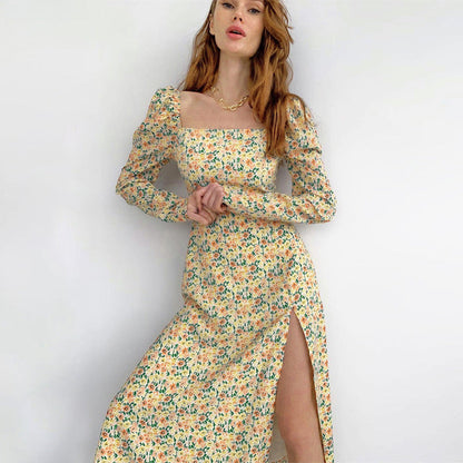 Bohemian Idyllic Little Floral Long Sleeve Split Dress Youth Sweet Little Daisy Print