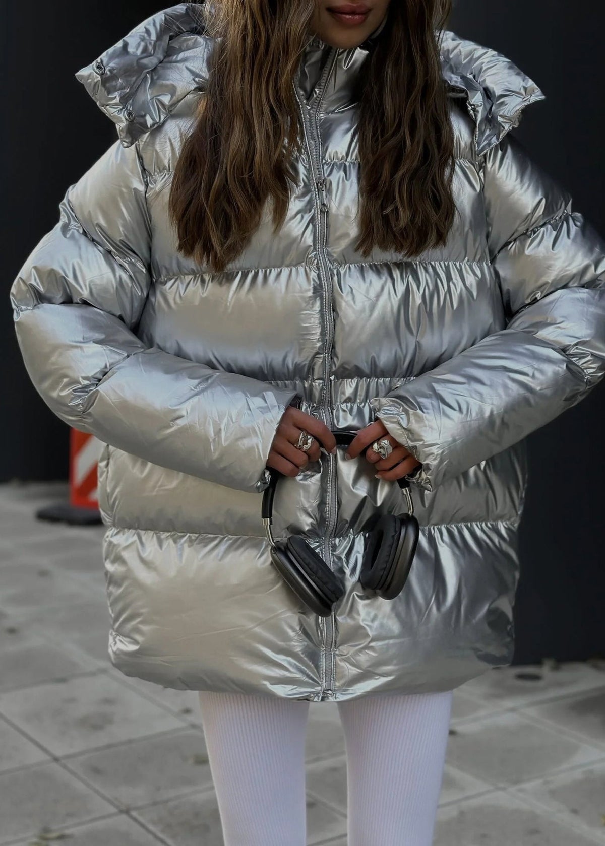 Oversized Puffer Jacket Metallic Silver Style