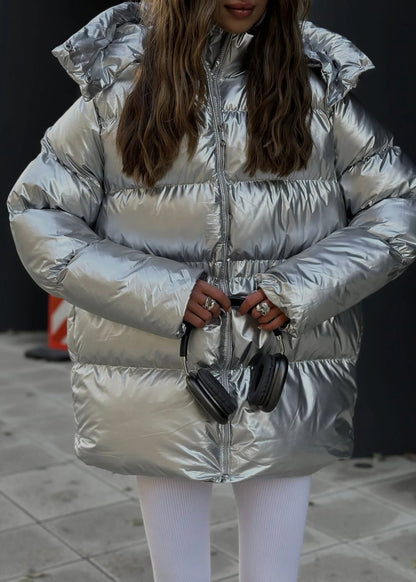 Oversized Puffer Jacket Metallic Silver Style