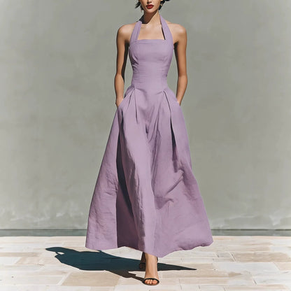 Halter Square Neck Pleated A-Line Midi Dress