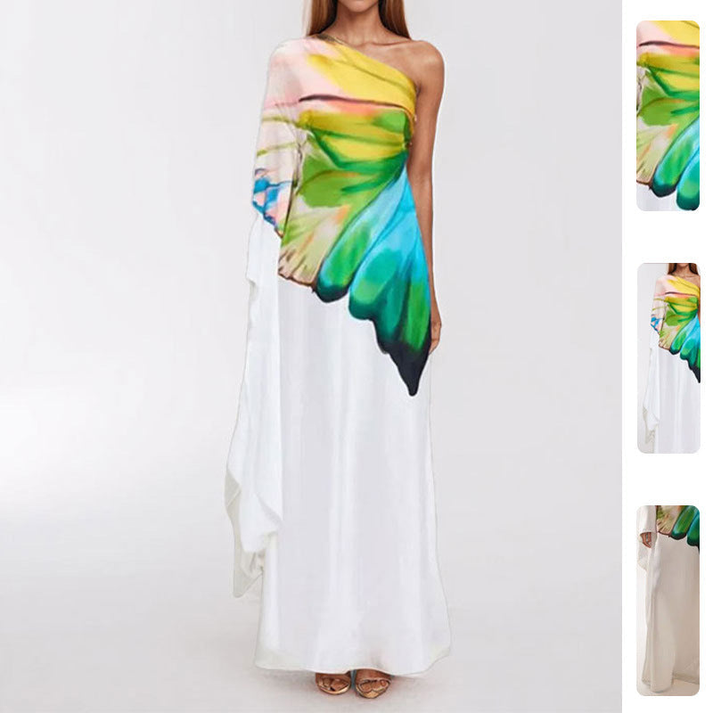 Elegant Floral Print One-Shoulder Maxi Dress