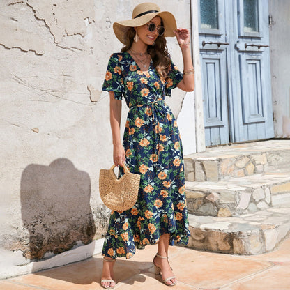 V-Neck, Short Sleeves, Lace-Up High-Rise Maxilla Dress, Beach Casual Dress