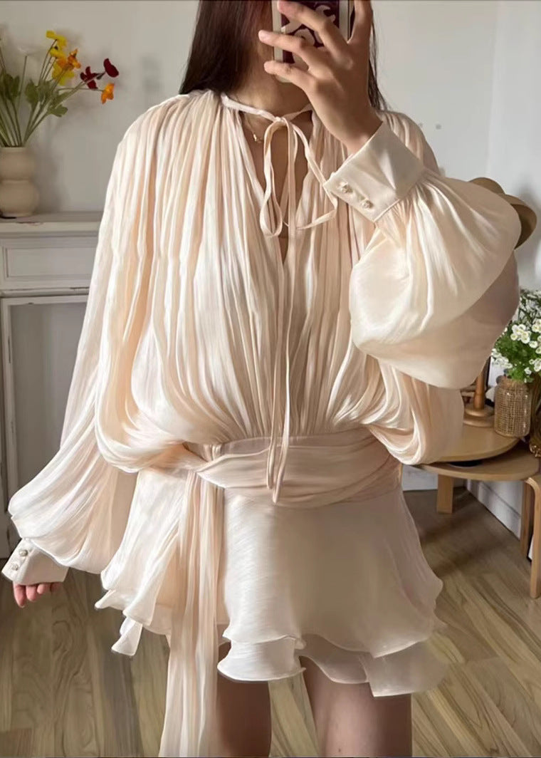 Pleated Mini Dress In Soft Beige Fabric