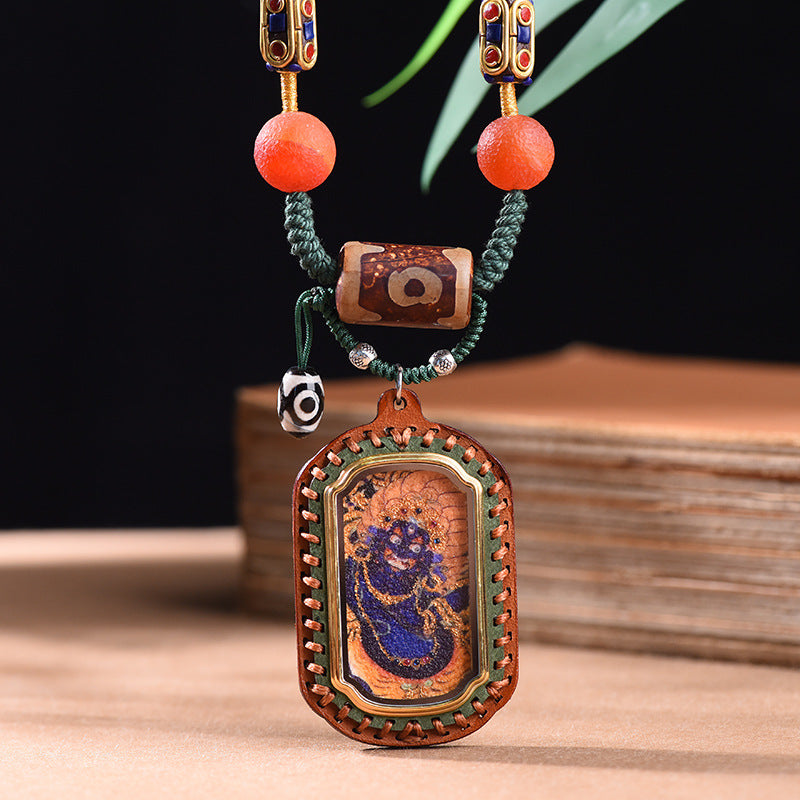 New Intangible Cultural Heritage Gem Painting Thangka Pendant God Of Wealth Zakiram Hand-Painted Thangka Leather Shell Pendant Single Pendant