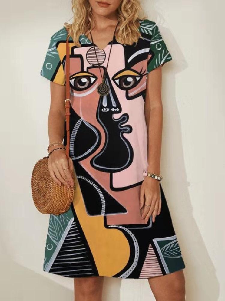 The Pop-Up Face Print V-Neck Short-Sleeve Floral Colorful Women'S Boho Dress