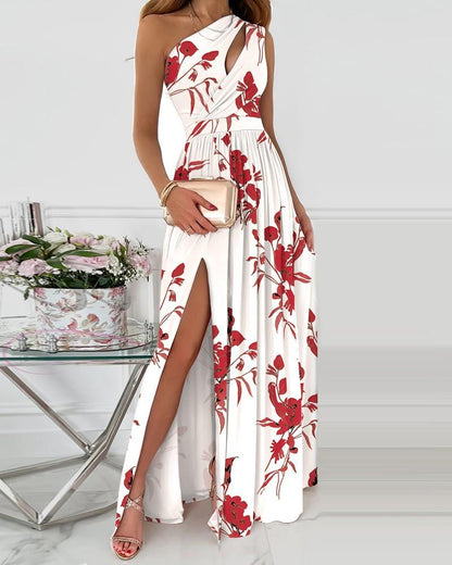 Women'S Diagonal Shoulder Hollowed Out Temperament Printed Stitched  Dress