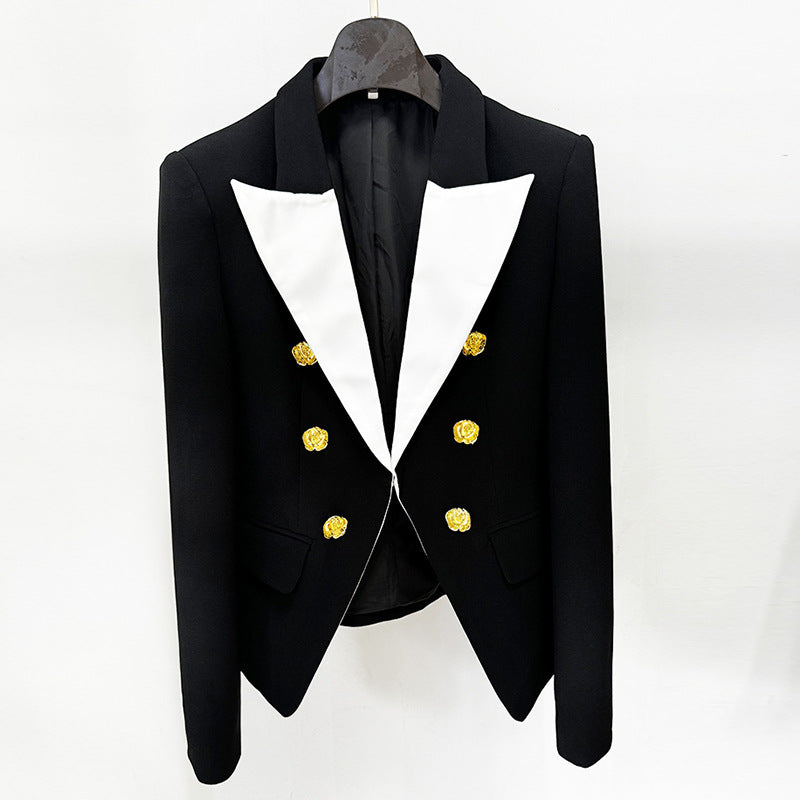 Color Blocked Blazer with Metal Rose Button