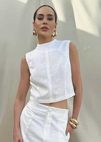 Linen Blend Sleeveless Top With Front Slit Maxi Skirt