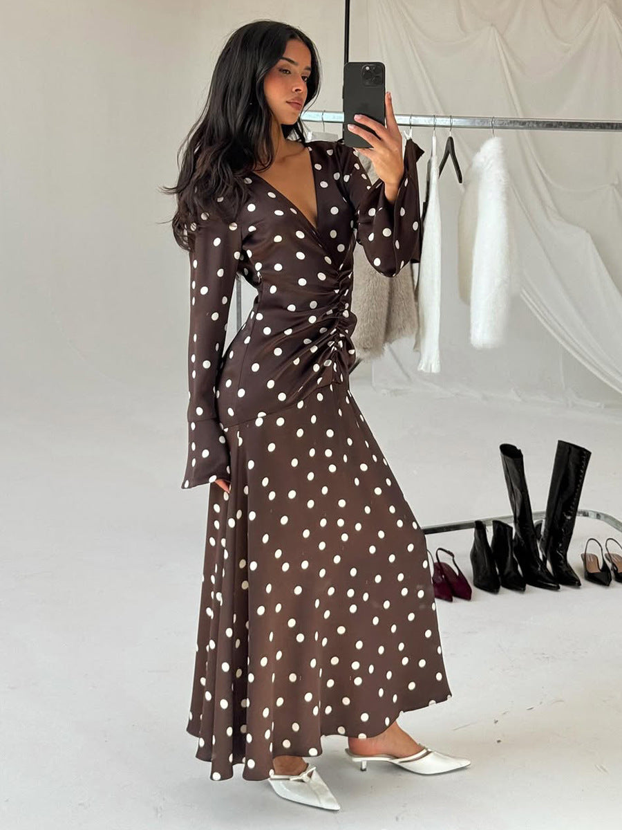 Brown Polka Dot Long Sleeve Dress Elegant Casual Fit