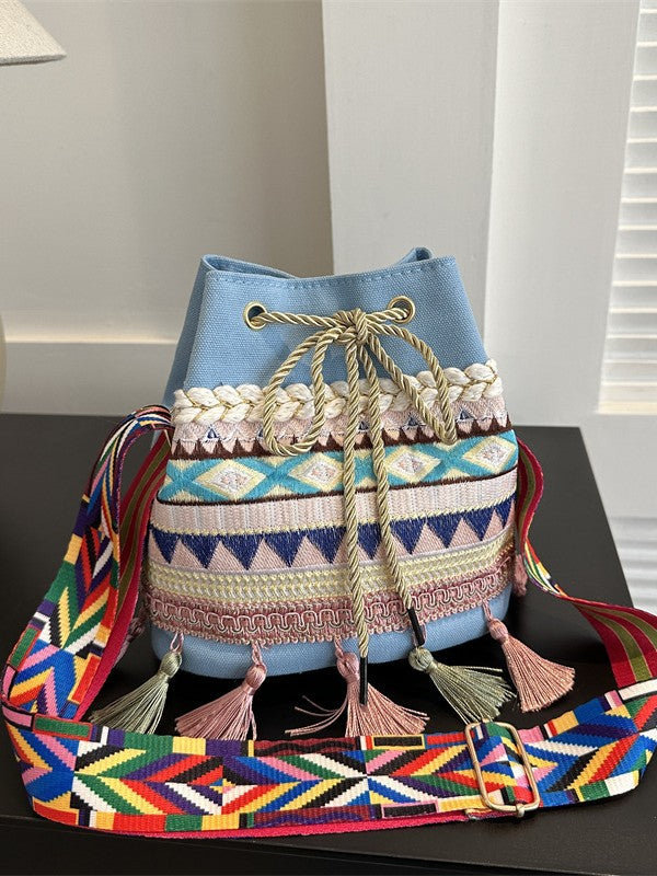 Trendy Ethnic Style Fringed Bucket Bag Casual Shoulder Bag