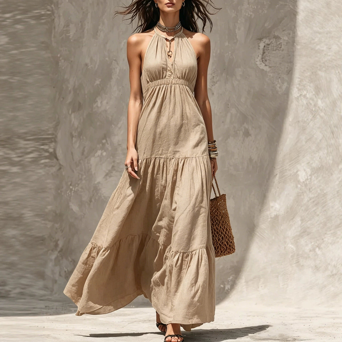 Halter Keyhole Neck Crinkled Tiered Maxi Dress