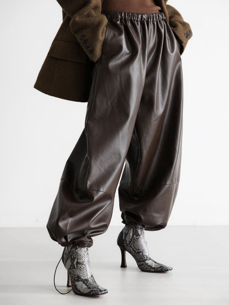 Wide Leg PU Leather Pants with Drawstring for Women